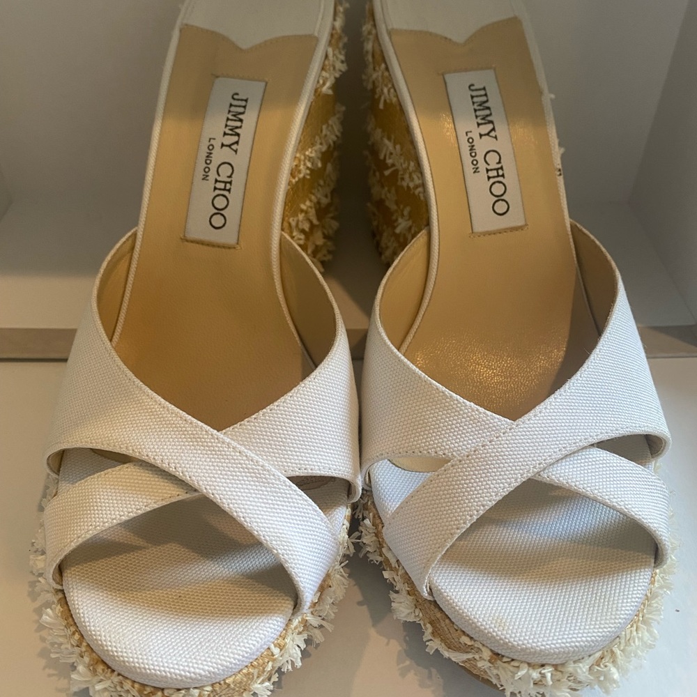 Jimmy choo almer 105 wedge sandal canvas w/fringed raffia Size 39 1/2